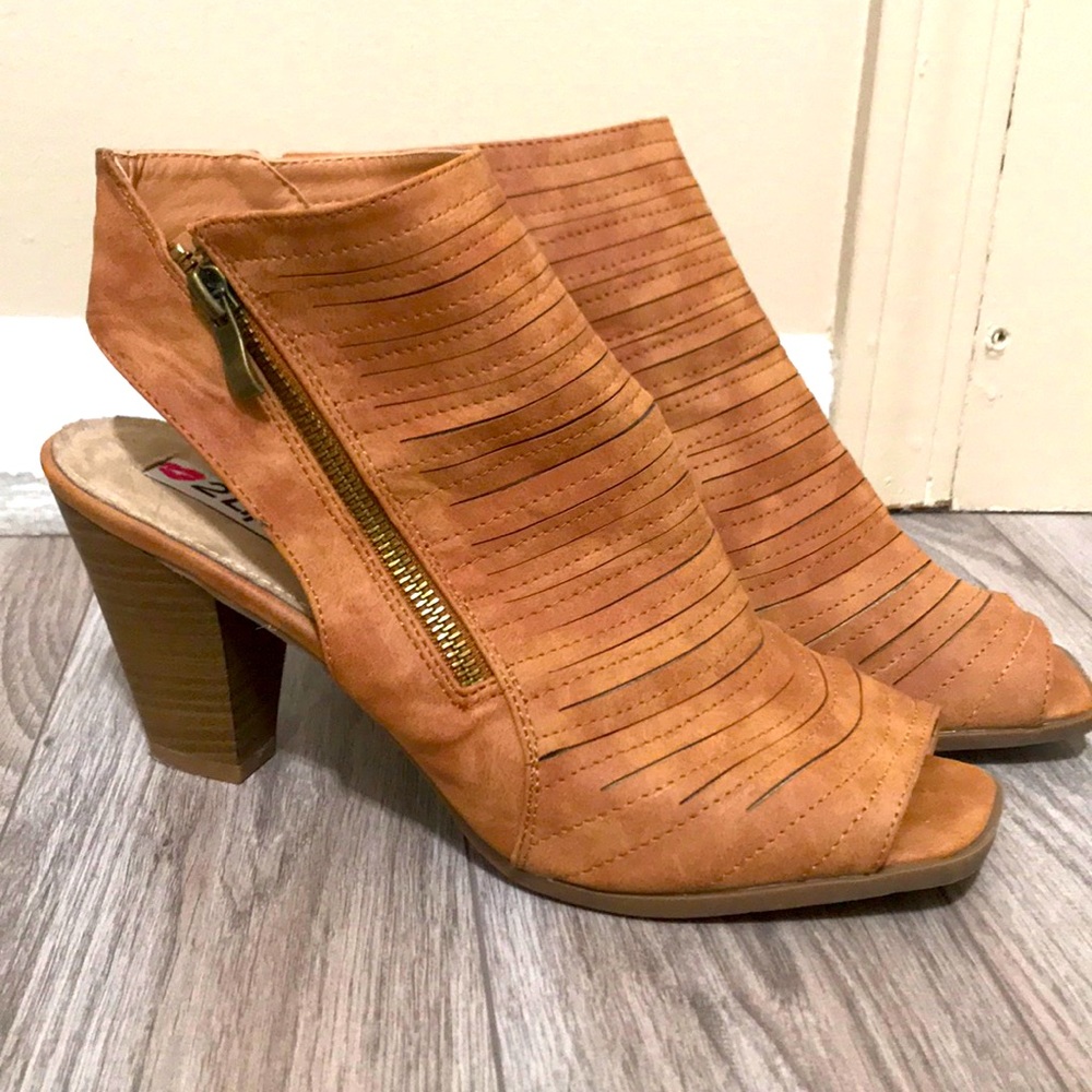 Brown suede open toe and heel booties